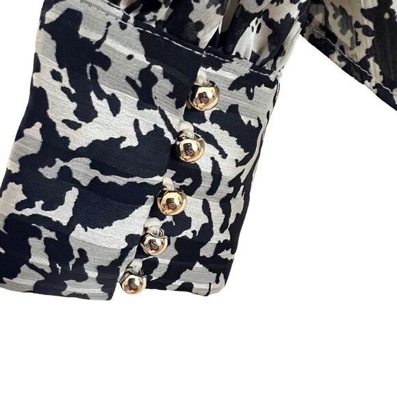 H&M Semi-Sheer 70s-inspired black & white patterned blouse shirt gold buttons S - Picture 4 of 4